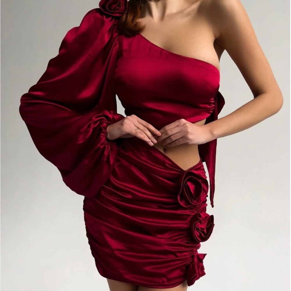 For Love & Lemons Red Asymmetrical Ruched Dress